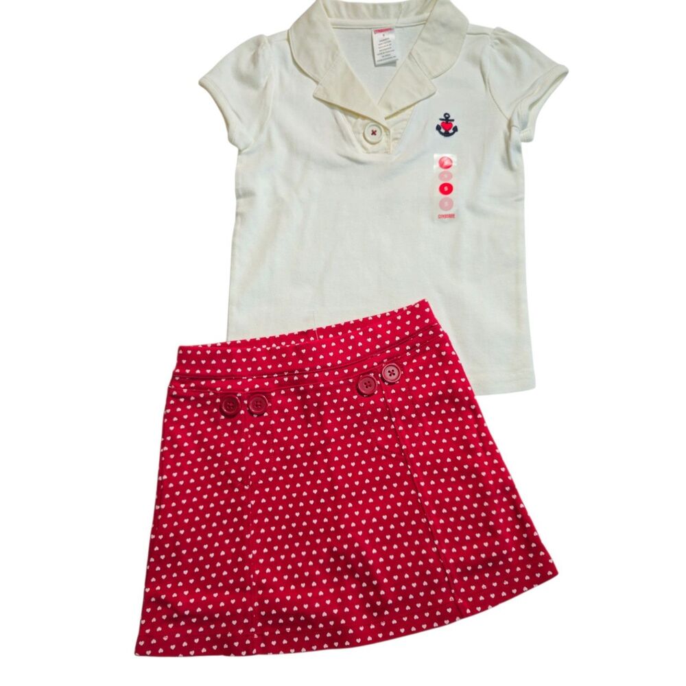 Gymboree Bon Voyage 2 Piece Set Size 5 White Polo Red Heart Skort 2006 NWT
